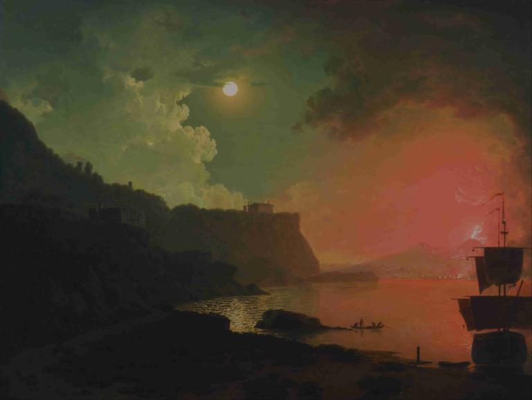 Vesuvius from Posillipo,포실리포의 베수비오,Joseph Wright of Derby,더비의 조셉 라이트,오일 페인팅,오일 페인팅, 경치, 선박, 인간은 없어, 옥외, 구름