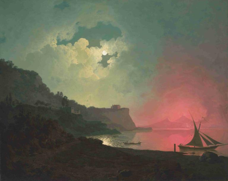 Vesuvius in eruption, viewed from Posillipo,Vesuv i utbrudd, sett fra Posillipo,Joseph Wright of Derby