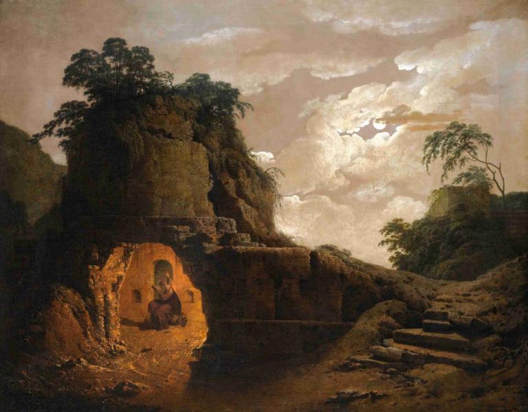 Virgil's Tomb By Moonlight,달빛에 비친 버질의 무덤,Joseph Wright of Derby,더비의 조셉 라이트,오일 페인팅,오일 페인팅, 나무, 구름, 여자 1명, 하늘