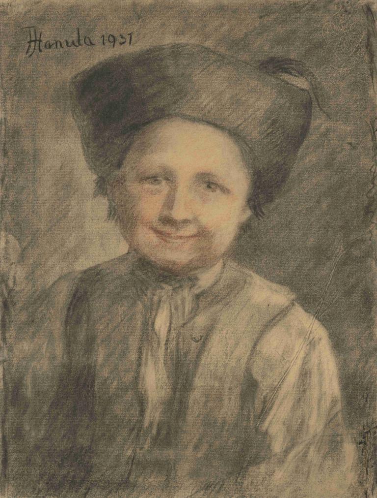 A farm boy’s study,Jozef Hanula,Oil Painting,Oil Painting, solo, hat, 1boy, male focus, smile, sepia