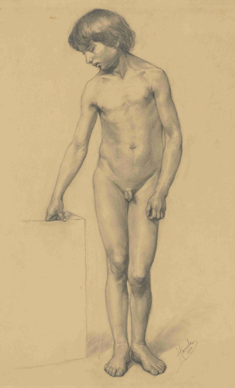 A study of a boy’s nude resting on a pedestal,Jozef Hanula,Sketch,Sketch, male focus, solo, 1boy, flaccid