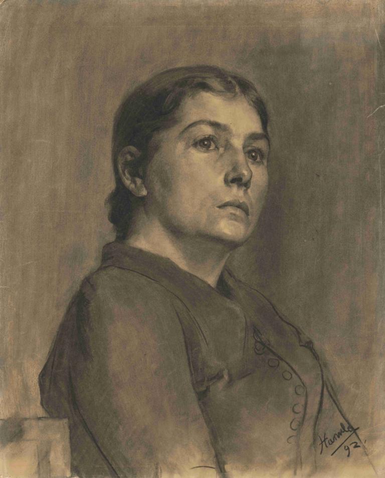 A study of the image of a woman,Jozef Hanula,Sketch,Sketch, 1girl, solo, monochrome, signature, brown theme