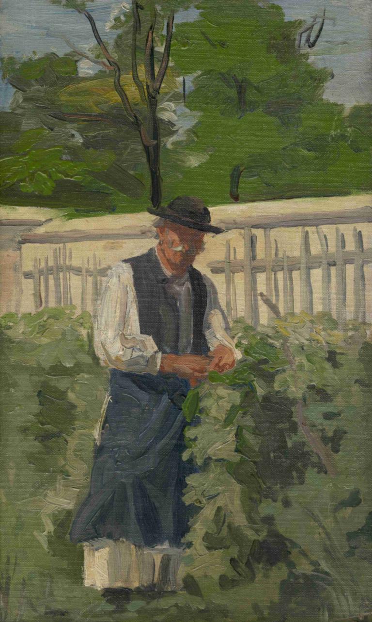 By the Grapevines,Jozef Hanula,Oil Painting,Oil Painting, solo, 1boy, male focus, hat, fence, tree, outdoors