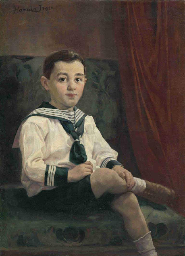 Chlapec v matrózových šatách,Jozef Hanula,Oil Painting,Oil Painting, solo, sitting, school uniform