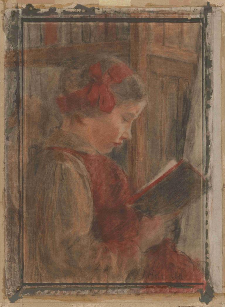 Girl with a Book,Jozef Hanula,Oil Painting,Oil Painting, book, solo, 1girl, reading, holding book, holding