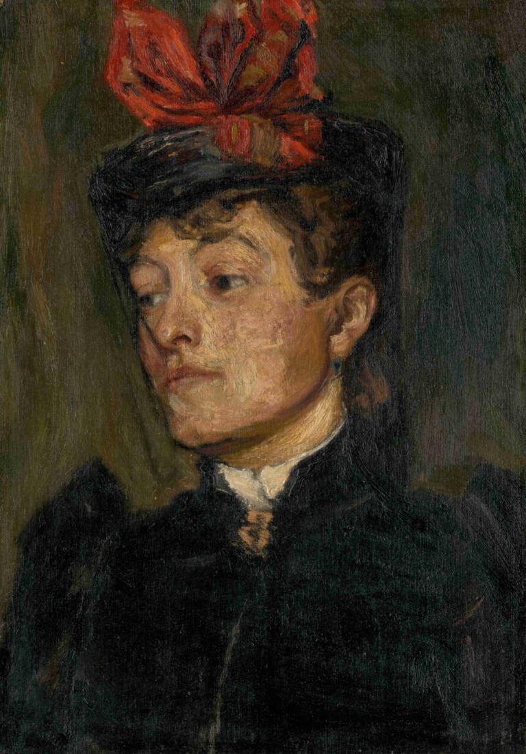 Head of a Lady in a Hat,Jozef Hanula,Oil Painting,Oil Painting, solo, 1boy, hat, brown hair, male focus