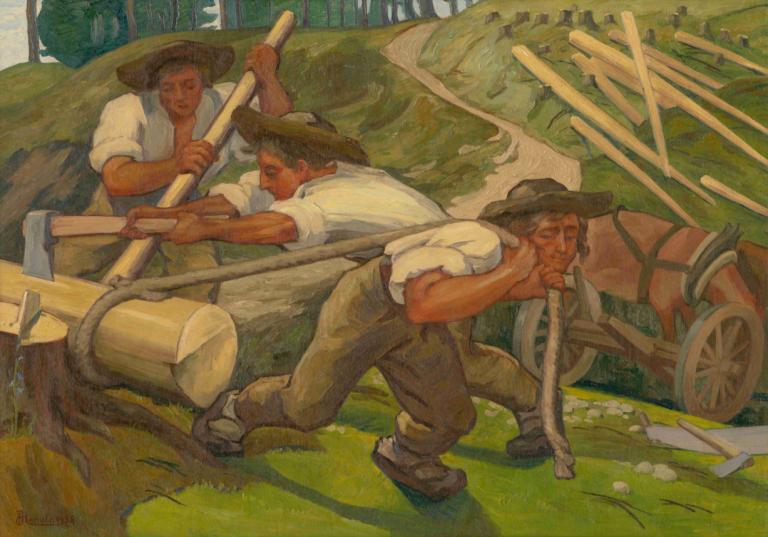 Lumberjacks,Skovhuggere,Jozef Hanula,Josef Hanula,Oliemaleri,Oliemaleri, flere drenge, hat, skjorte