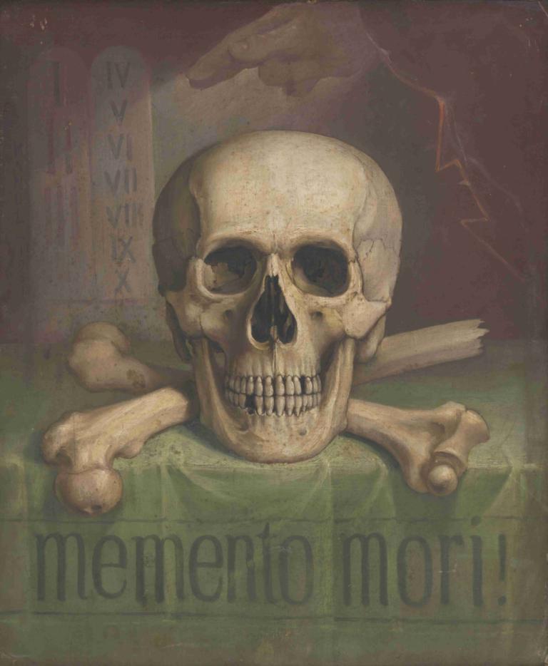 Memento mori,Jozef Hanula,Oljemålning,Oljemålning, skräck (tema), inga människor, engelsk text, skalle