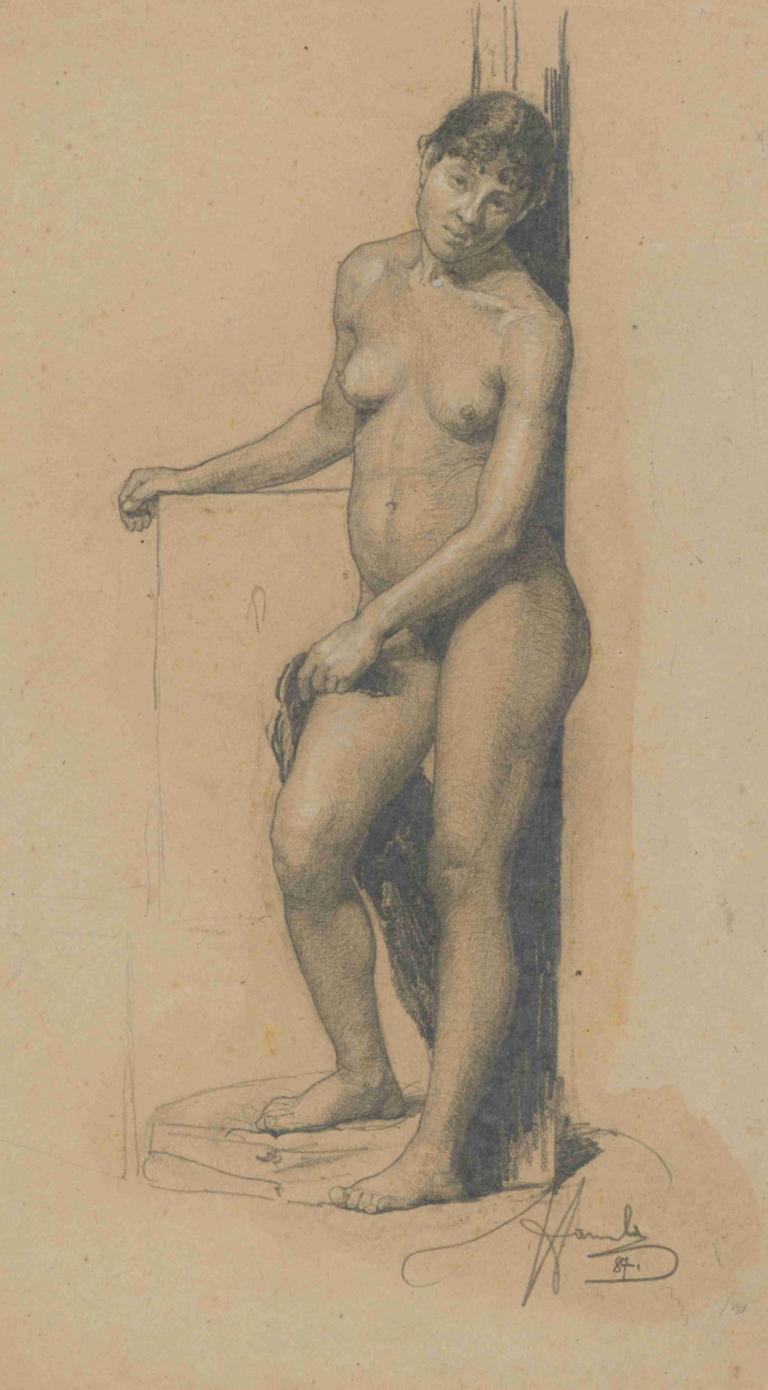 Nude standing woman,Naken stående kvinna,Jozef Hanula,Skiss,Skiss, 1 tjej, solo, bröst, naken, bröstvårtor