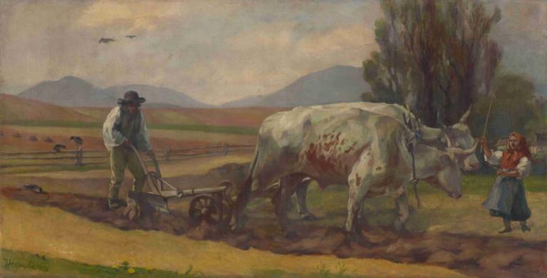 Ploughing,Pløjning,Jozef Hanula,Josef Hanula,Oliemaleri,Oliemaleri, udendørs, træ, hat, 1 pige, hest, hegn