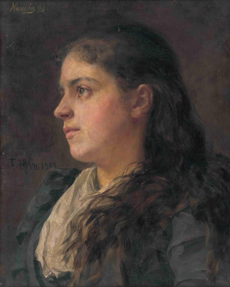 Portrait of a Woman,Porträtt av en kvinna,Jozef Hanula,Oljemålning,Oljemålning, solo, 1 tjej, långt hår