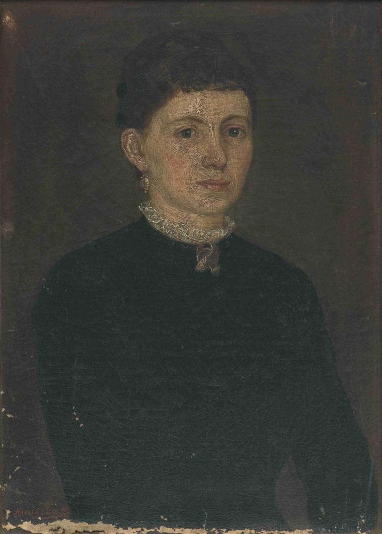 Portrait of a woman,Porträtt av en kvinna,Jozef Hanula,Oljemålning,Oljemålning, solo, svart hår, 1 pojke