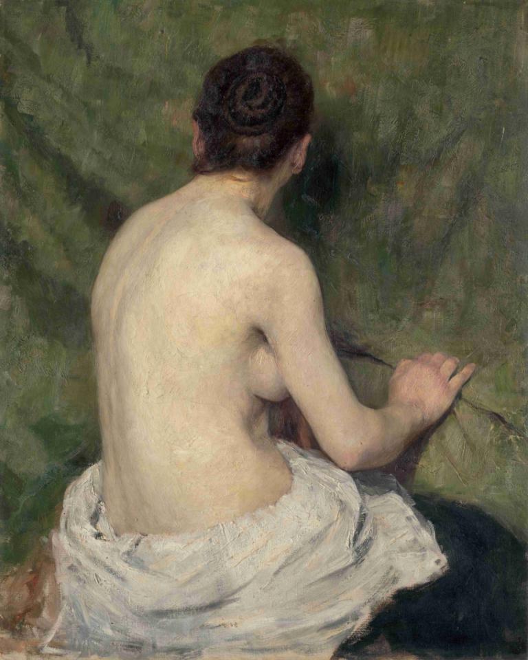 Study of Female Nude,Studie av kvinnlig naken,Jozef Hanula,Oljemålning,Oljemålning, 1 tjej, solo, bröst