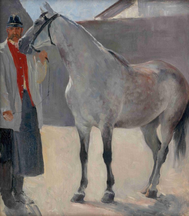 Study of a Grey Horse with a Coachman,Studie av en grå häst med kusk,Jozef Hanula,Oljemålning,Oljemålning