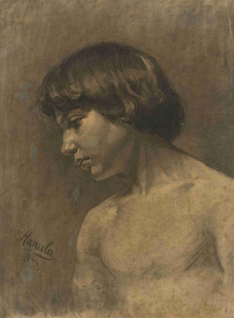 Study of a boy’s head,Studie av en pojkes huvud,Jozef Hanula,Skiss,Skiss, solo, 1 pojke, manligt fokus, sepia