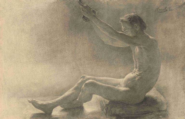 Study of a sitting male nude with arms raised,Studie av en sittande manlig naken med höjda armar,Jozef Hanula