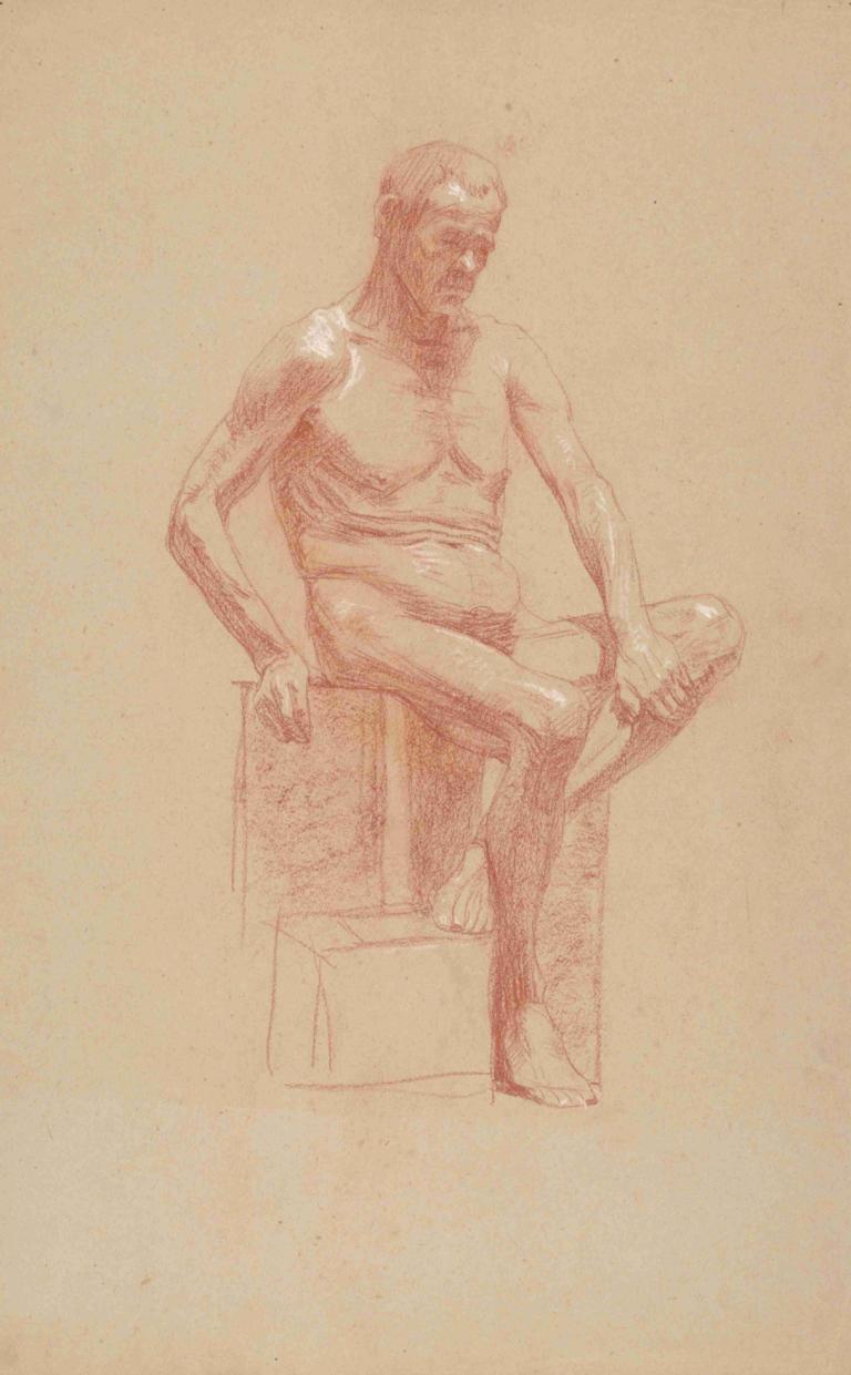 Study of a sitting male nude,Studie av en sittande manlig nakenbild,Jozef Hanula,Skiss,Skiss, 1 pojke, solo