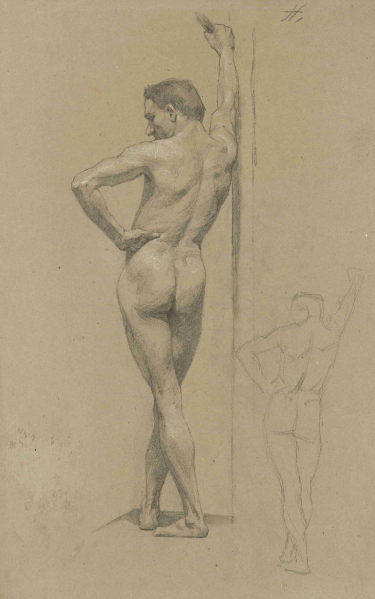 Study of a standing male nude,Studie av en stående manlig nakenbild,Jozef Hanula,Skiss,Skiss, röv