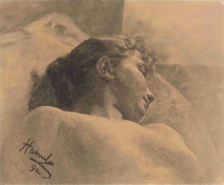 Study of the head of a lying woman,Studie av hodet til en løgnaktig kvinne,Jozef Hanula,Skisse,Skisse, 1 gutt