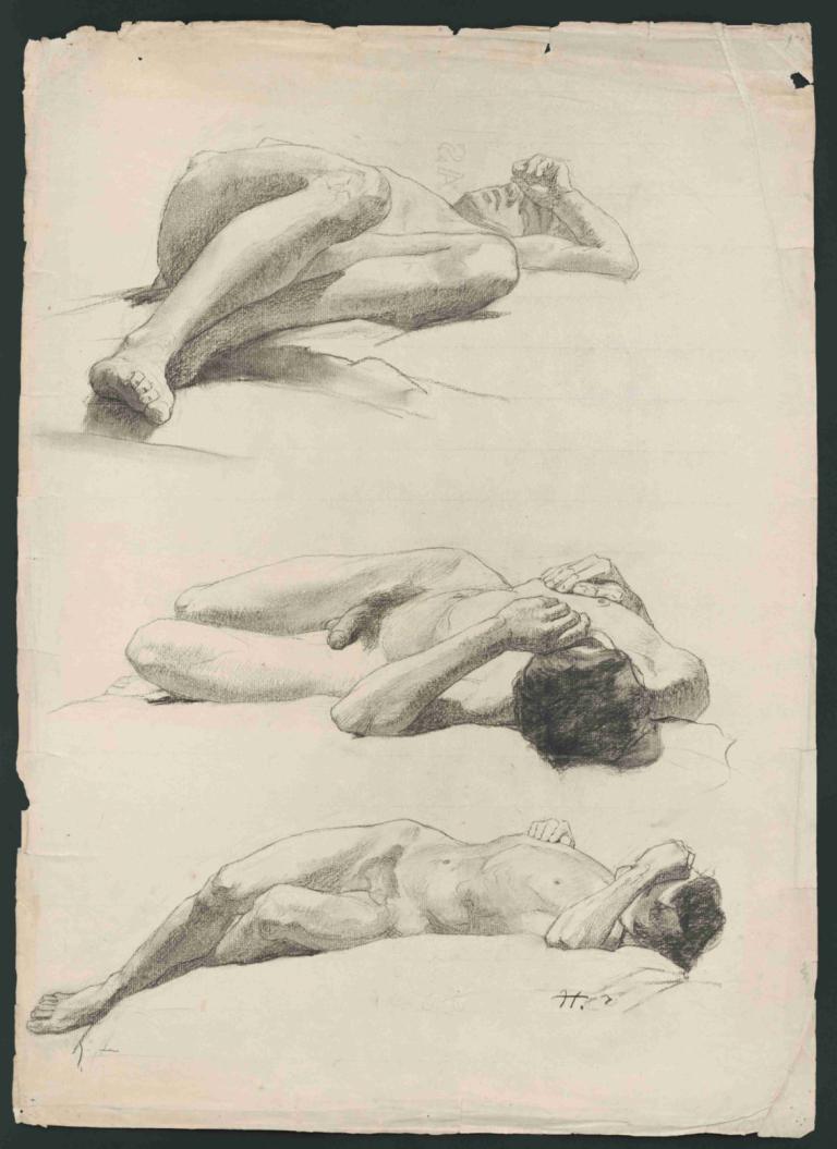 Study of the male nude,Studie av naken mann,Jozef Hanula,Skisse,Skisse, 1 gutt, monokrom, naken