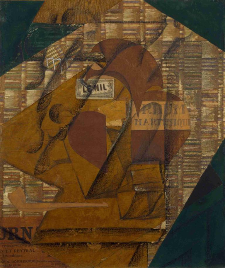 Bottle of Rum and Newspaper,Juan Gris,Oil Painting,Oil Painting, solo, no humans, male focus, box