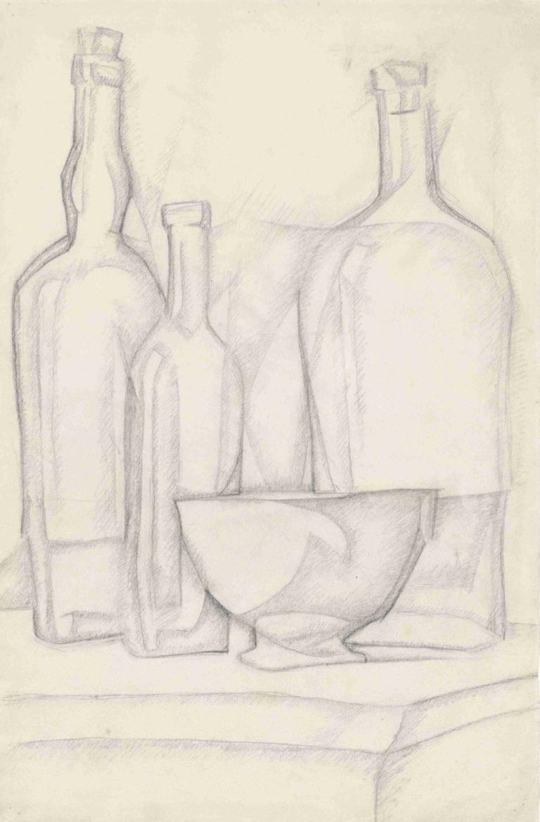 Bottles and Bowl,Juan Gris,Sketch,Sketch, monochrome, traditional media, bottle, sketch, solo