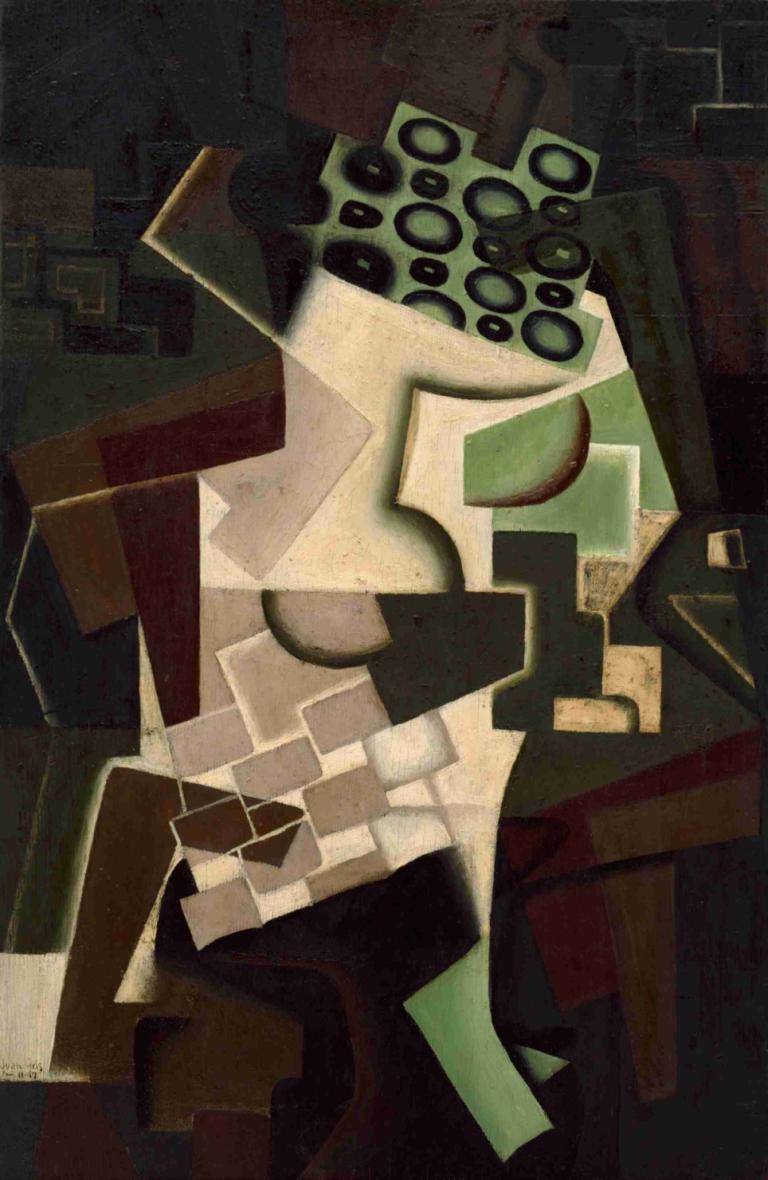 Fruit Dish on a Checkered Tablecloth,Juan Gris,Oil Painting,Oil Painting, solo, no humans, male focus