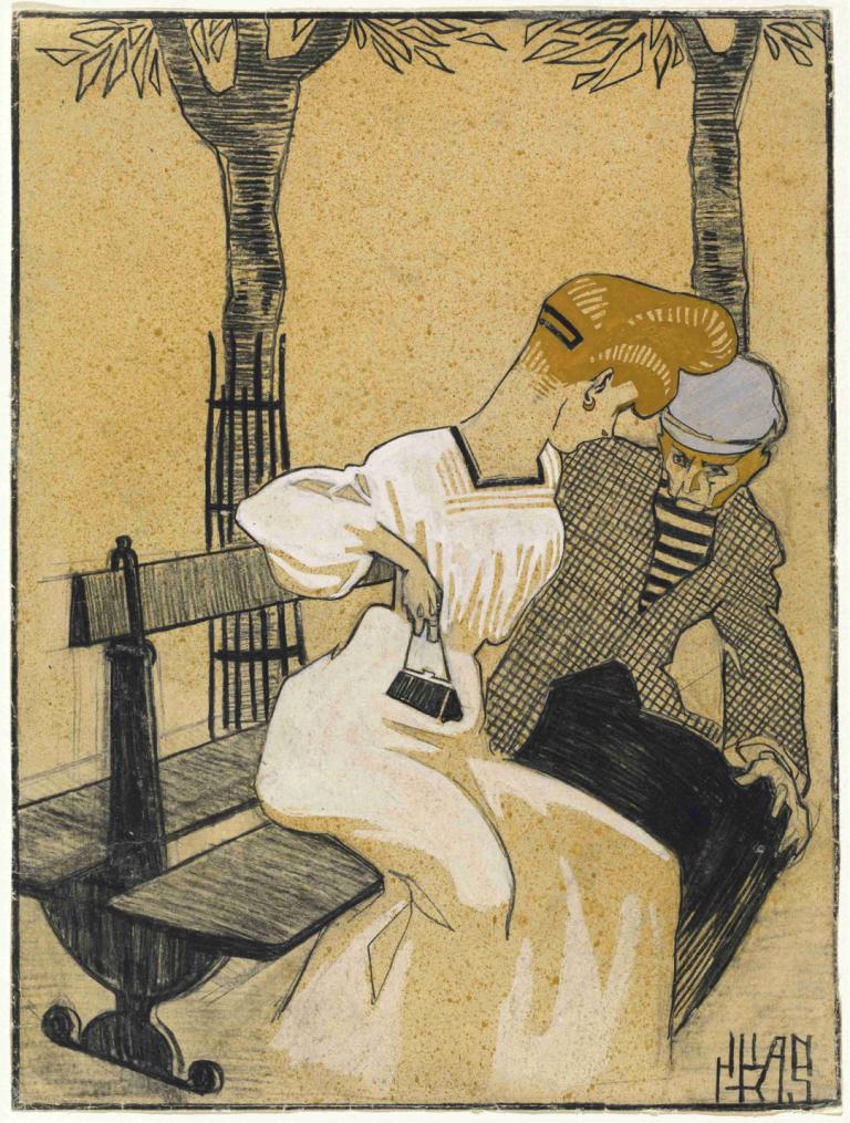 Man and Woman on Bench,长椅上的男女,Juan Gris,胡安-格里斯,插画,插画, 蓬巴杜, 树, 坐着, 条纹衬衫, 帽子, 有条纹的, 长椅, 1男孩, 2个男孩, 裙子, 多个男孩