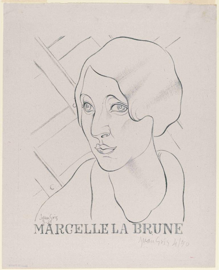 Marcelle la Brune,Juan Gris,胡安-格里斯,素描,素描, 独奏, 单色, 传统媒体, 看着观众, 微笑, 1个女孩, 什么, 戏仿, 上半身