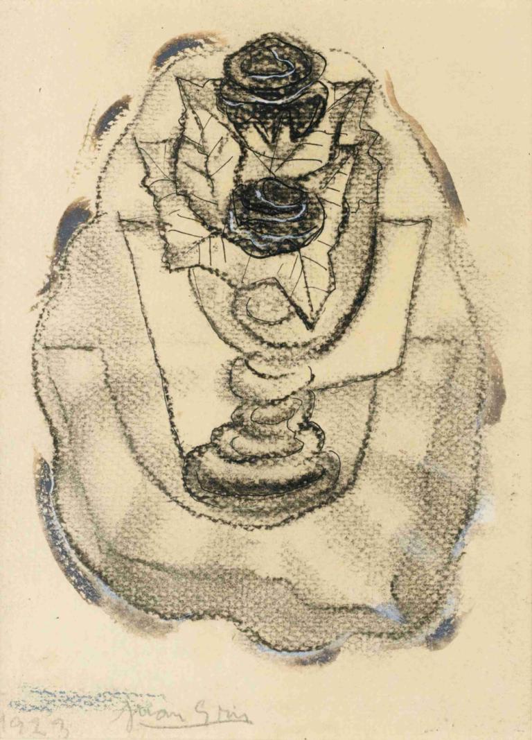 Nature Morte Au Vase De Roses,有玫瑰花瓶的静物,Juan Gris,胡安-格里斯,素描,素描, 单色, 传统媒体, 独奏, 没有人类, 简单的背景