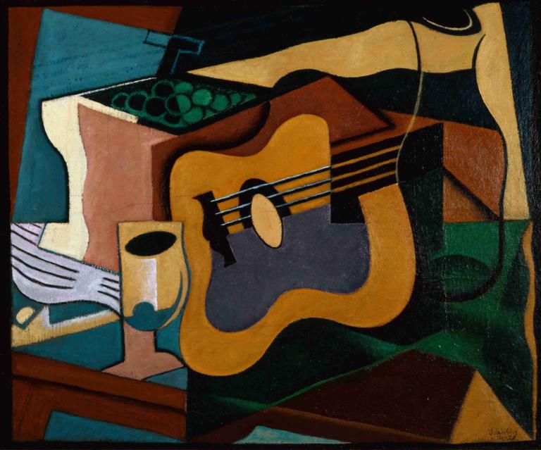 Still Life with Guitar,Juan Gris,Oil Painting,Oil Painting, instrument, no humans, guitar, border, solo, cup