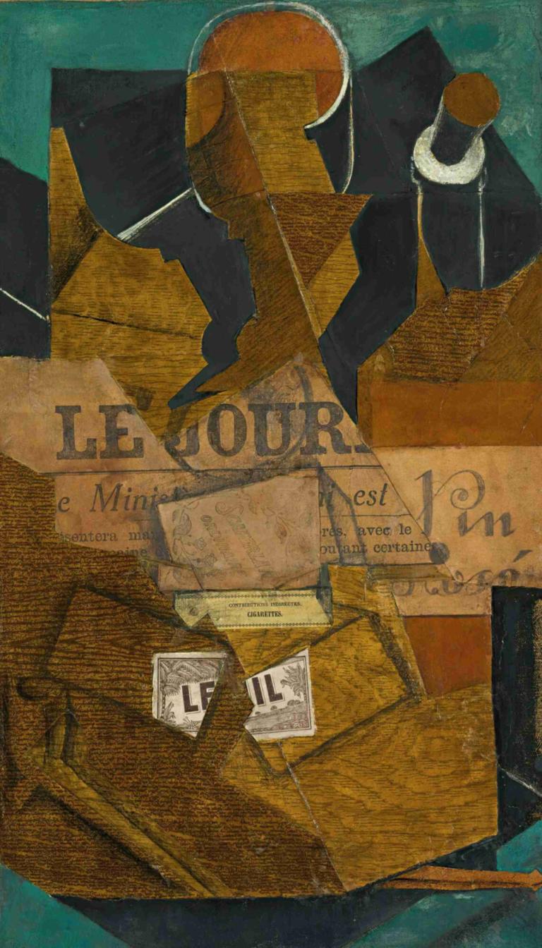 Tabac, Journal Et Bouteille De Vin Rosé,烟草、报纸和一瓶桃红葡萄酒,Juan Gris,胡安-格里斯,油画,油画, 盒子, 没有人类, 英文文本, 纸板箱, 鞋