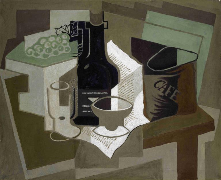 The Bag of Coffee,Juan Gris,Oil Painting,Oil Painting, no humans, still life, cup, coffee, guitar, mug, paper