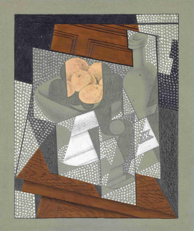 The Fruit Bowl,Juan Gris,Oil Painting,Oil Painting, still life, no humans, border, bottle