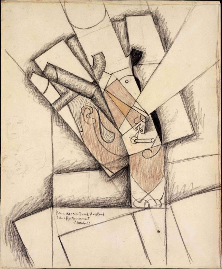 The Smoker II,Juan Gris,Oil Painting,Oil Painting, solo, 1girl, english text, monochrome, from above