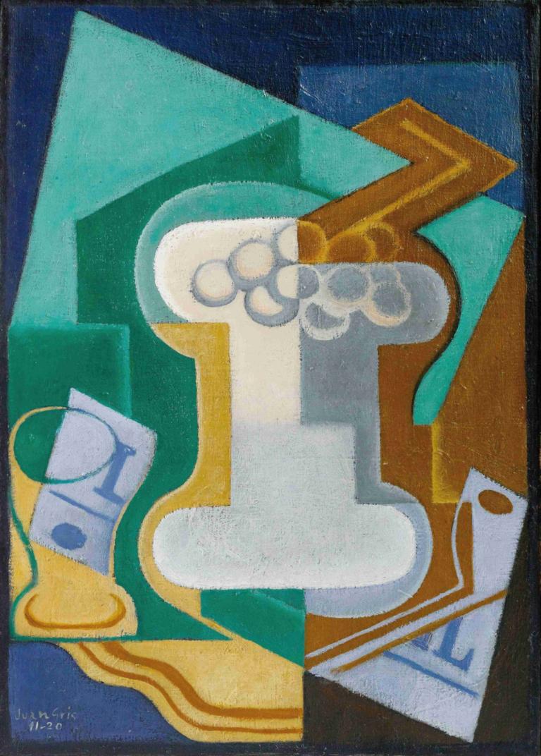 Verre Et Fruits,Juan Gris,Oil Painting,Oil Painting, no humans, signature, still life, traditional media