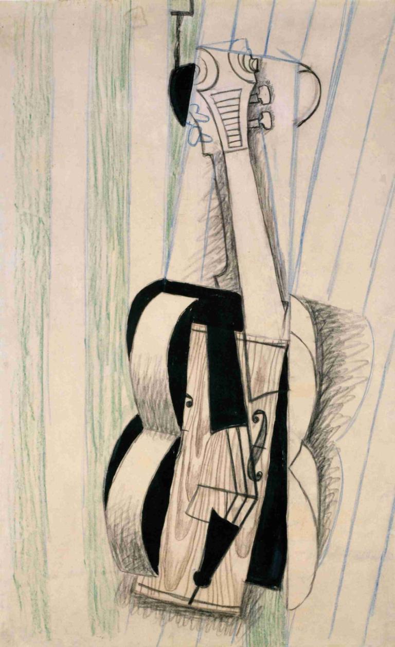 Violin Hanging on a Wall,Juan Gris,Oil Painting,Oil Painting, solo, 1girl, instrument, monochrome