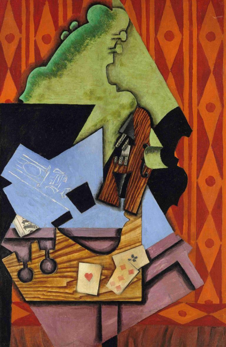 Violin and Playing Cards on a Table,Skrzypce i karty do gry na stole,Juan Gris,Obraz olejny,Obraz olejny