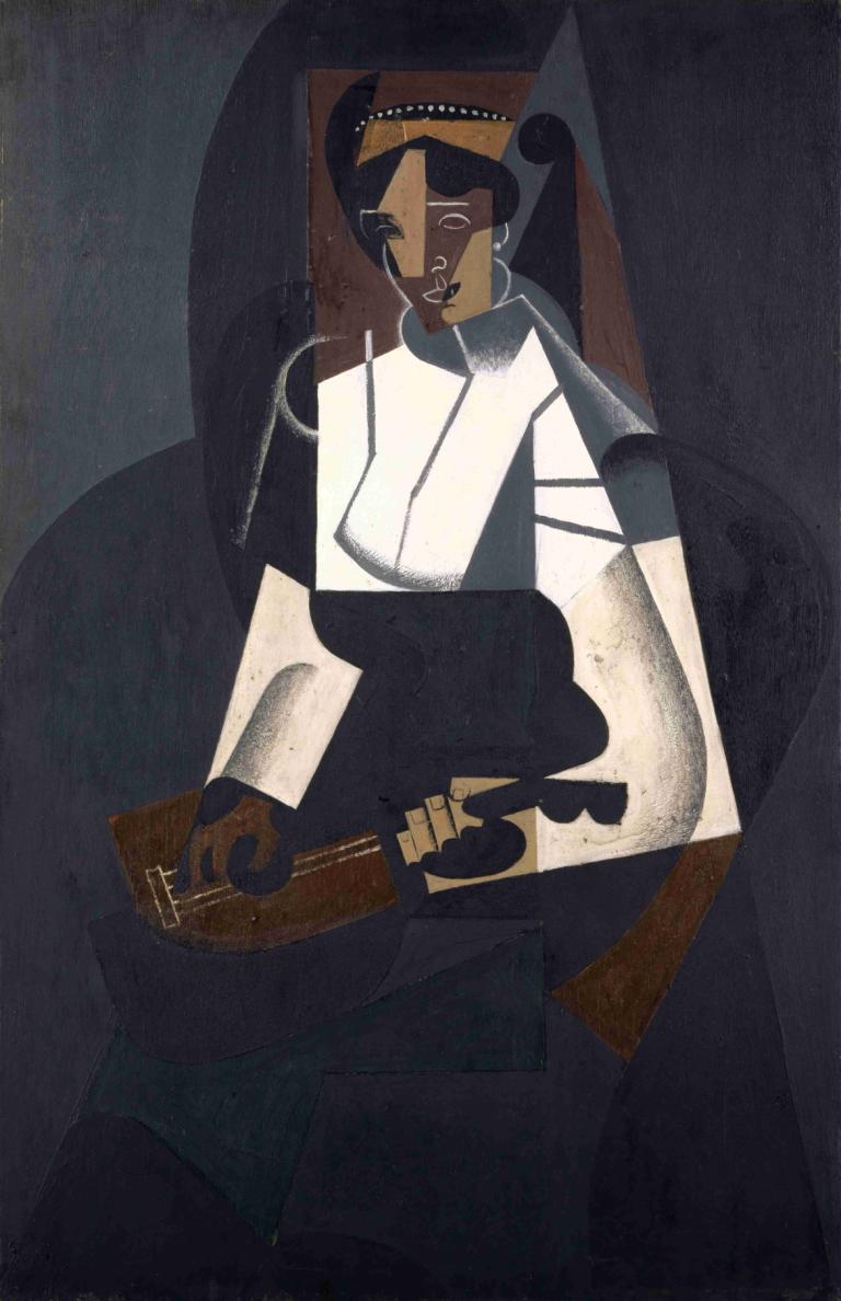 Woman with Mandolin,Juan Gris,Oil Painting,Oil Painting, solo, 1girl, dark skin, black hair, instrument