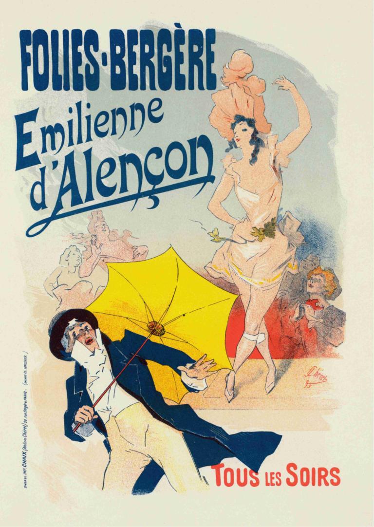 Émilienne D'alençon,Jules Chéret,Illustration,Illustration, flera pojkar, parodi, paraply, retro konststil