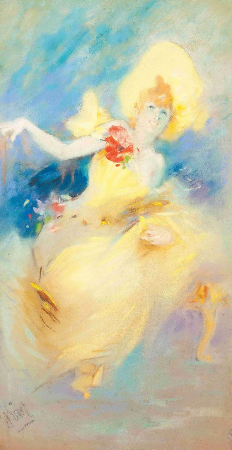 A dancing girl,Jules Chéret,Watercolor,Watercolor, 1girl, flower, blonde hair, painting (medium), dress