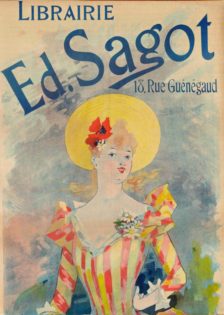 Bookstore Ed. Sagot,Bokhandel Ed. Svar,Jules Chéret,Illustrasjon,Illustrasjon, 1 jente, solo, blomst, hatt