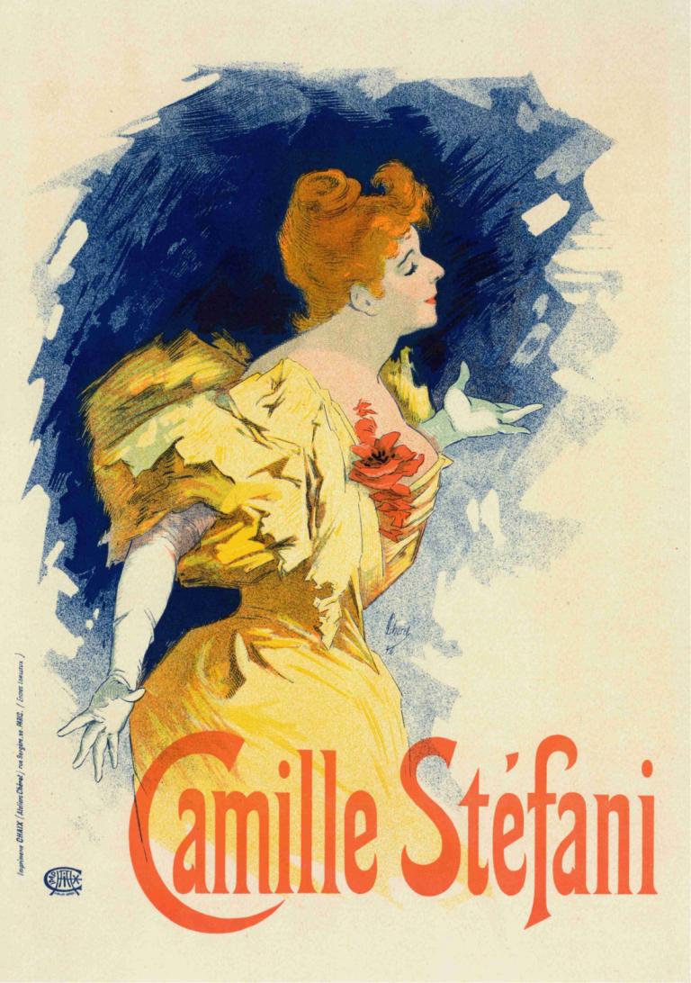 Camille Stéfani,Jules Chéret,Illustration,Illustration, 1 tjej, klänning, solo, handskar, vita handskar