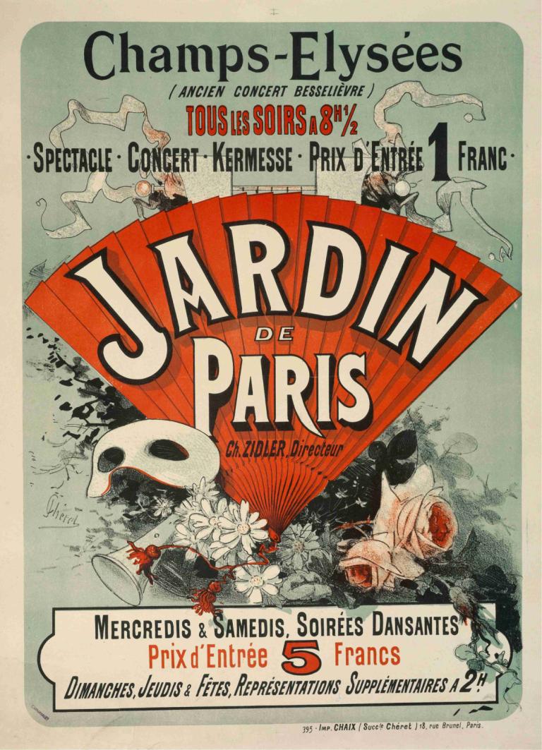 Champs-Elysées,Jardin De Paris,Jules Chéret,İllüstrasyon,İllüstrasyon, İngilizce metin, çiçek, poster (orta)