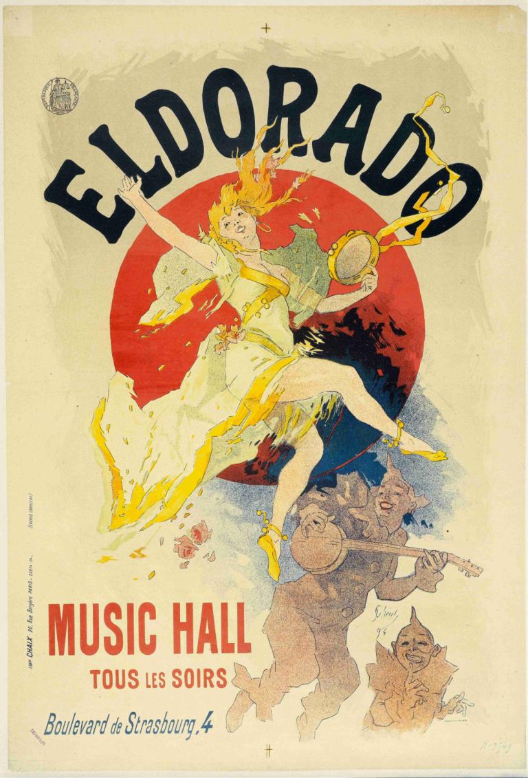 Eldorado, Music Hall,Jules Chéret,Ilustrație,Ilustrație, instrument, 1 fata, rochie, foc, păr blond