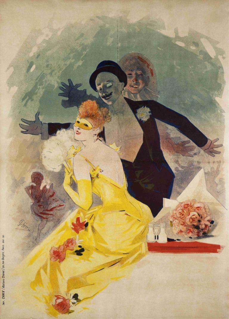 Opéra, Carnaval 1892, 1er Bal Masqué,Jules Chéret,Illustration,Illustration, robe, fleur, gants