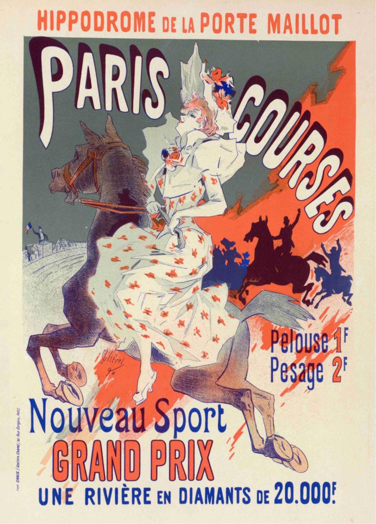 Paris-Courses,Jules Chéret,Illustration,Illustration, 1fille, cheval, robe, texte en anglais, chapeau