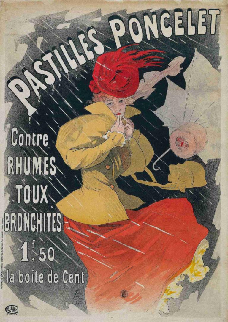 Pastilles Poncelet,Jules Chéret,Illustration,Illustration, 1fille, solo, cheveux roux, jupe rouge, jupe