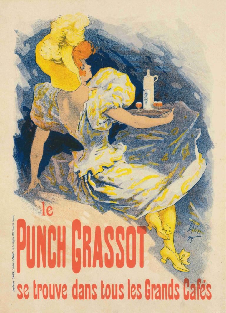 Punch Grassot,Jules Chéret,İllüstrasyon,İllüstrasyon, 1kız, solo, elbise, sarı saç, İngilizce metin