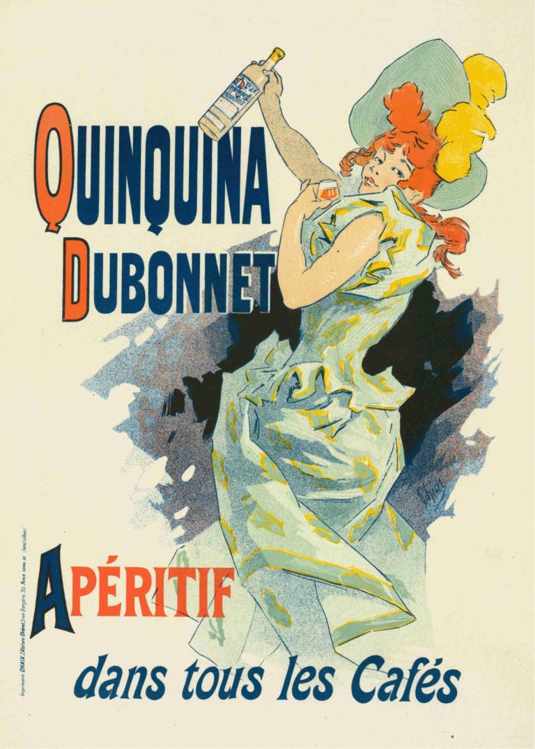 Quinquina Dubonnet,Jules Chéret,İllüstrasyon,İllüstrasyon, 1kız, solo, şapka, Retro sanat tarzı, şişe